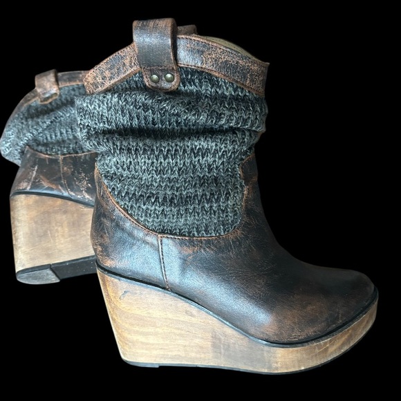 Bed Stu Shoes - Bed Stu Bruges distressed leather and knit platform wedge boots 6.5